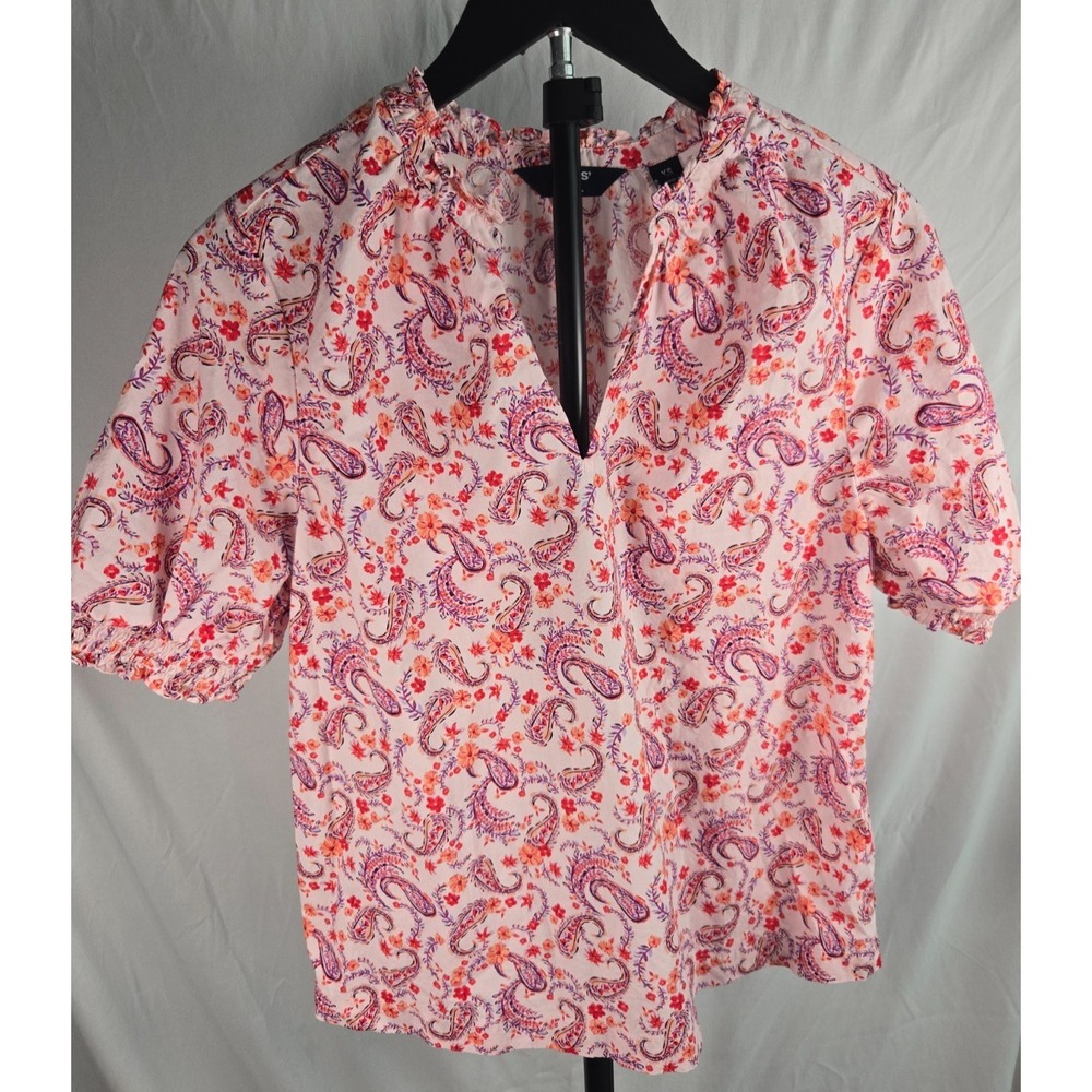Lands' End Sz XS Pink Paisley Floral Cotton Puff Sleeve Top Boho Garden Party